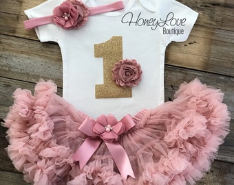 First Birthday Floral Outfit, 1st Birthday Girl Outfit, Dusty Rose Pink and Gold Birthday, Girl Cake Smash Photo Prop, Gold Glitter 1 Outfit