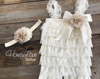 Lace Petti Romper, Champagne Cream Ivory Light Beige, matching flower headband rhinestone pearl, newborn infant toddler baby girl Fall set