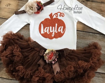 My First Thanksgiving Baby Girl Outfit, Fall outfit, Personalized Pumpkin glitter bodysuit, brown pettiskirt, matching headband, Pumpkin set