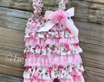 Bloemen satijnen en roze kanten pettiromper met versierde strass parel bloem strik, vintage bloemen geïnspireerde pettiromper, 2T 3T verjaardag