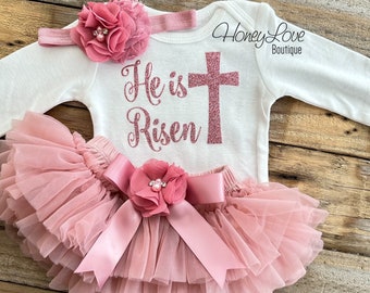 He is Risen Christian Baby Girl Outfit, Baby Girl 1st Easter Outfit, Rose Gold Glitter Cross, Vintage Pink Dusty Rose Gold Tutu Skirt