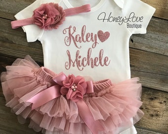 PERSONALIZED SET rose gold glitter bodysuit, dusty rose vintage pink ruffle tutu skirt bloomers, flower headband newborn baby girl outfit