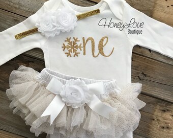 Winter ONEderland 1st Birthday outfit, snowflake one white gold glitter tutu skirt bloomer headband set, first birthday girl, cake smash