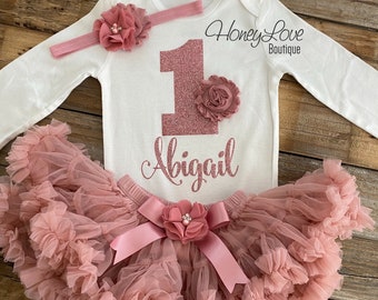 PERSONALIZED 1st Birthday Outfit, vintage pink rose gold glitter 1 number, pettiskirt tutu skirt, headband bow, First Cake Smash baby girl