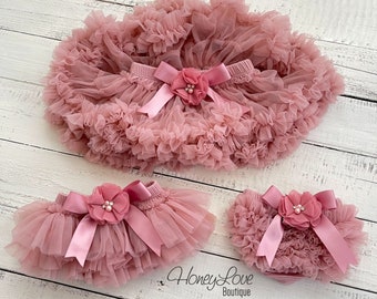 Vintage Pink Baby Girl Tutu Falda Bloomers, Cubierta de pañal con volantes, Pettiskirt, Regalo de ducha de bebé recién nacido, Tutú para niños pequeños, Traje de oro rosa polvoriento