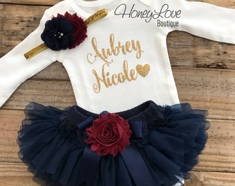 Personalized Baby Girl Clothes, Newborn Girl Coming Home Outfit, Toddler Girl Fall tutu outfit, navy blue burgundy maroon wine gold glitter