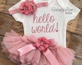 Hello World Newborn Girl Outfit, Baby Girl Coming Home Hospital Outfit, Newborn Photo Outfit, Baby Shower Gift, Dusty Pink Mauve Rose Gold