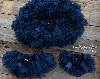 Bloomers de falda de tutú de niña azul marino, cubierta de pañal con volantes, pettiskirt, regalo de baby shower para recién nacidos, tutú para niños pequeños, traje de niña de la marina