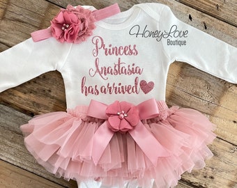Princess Has Arrived, Personalized Baby Girl Coming Home Outfit, Baby Girl Shower Gift, Newborn Baby Clothes, vintage pink dusty rose gold