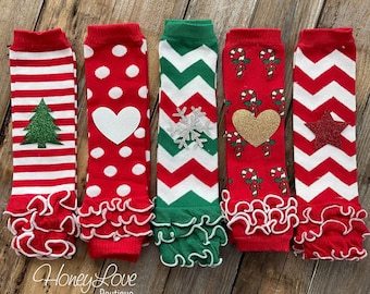 Christmas Leg Warmers, Ruffle Leg Warmers, Red White Green Polka Dot Stripe Chevron Candy Cane, Baby Girl Leg Warmers, Christmas Leggings