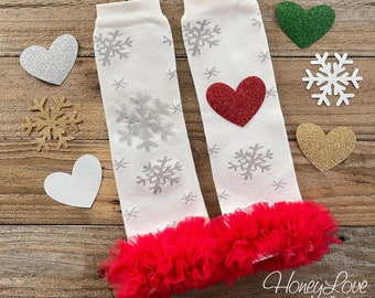 Snowflake Leg Warmers, Glitter Leg Warmers, Red Ruffle Leg Warmers, Baby Girl Leg Warmers, Christmas Leggings, Toddler 1st Christmas Outfit