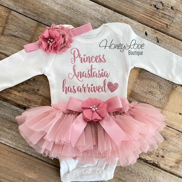 La principessa è arrivata, vestito personalizzato per la bambina che torna a casa, regalo per la doccia della neonata, vestiti per neonati, oro rosa polveroso vintage rosa