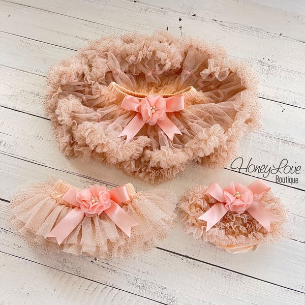 Peach Gold Glitter Baby Girl Tutu Skirt Bloomers, Ruffle Diaper Cover, Pettiskirt, Newborn Baby Shower Gift, Toddler Tutu Skirt, Photo Prop