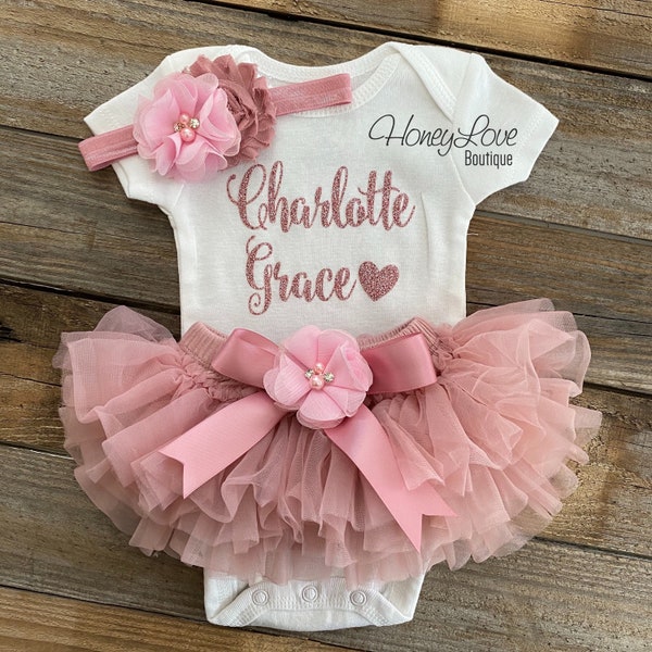 Baby Girl Coming Home Outfit, Personalizzato Coming Home Outfit Girl, Take Home Outfit, Baby Shower Gift, set di rose polverose rosa chiaro vintage