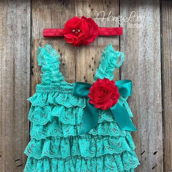 Baby Girl Christmas Outfit, Green Lace Petti Romper and Matching Headband, Newborn Photo Prop, Green Toddler Romper, Green and Red Outfit