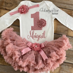 PERSONALIZED 1st Birthday Outfit, vintage pink rose gold glitter 1 number, pettiskirt tutu skirt, headband bow, First Cake Smash baby girl