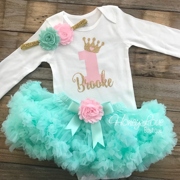 Personalized 1st Birthday outfit, one number 1 tiara crown princess gold glitter shirt bodysuit, pink mint aqua tutu skirt, flower headband