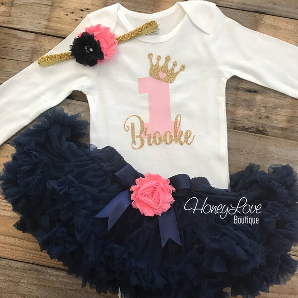 Personalized 1st Birthday outfit, one number 1 tiara crown princess gold glitter shirt bodysuit, navy coral pink tutu skirt flower headband