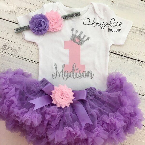 Personalized 1st Birthday princess outfit one number 1 tiara crown gold or silver glitter, lavender purple pink tutu skirt flower headband