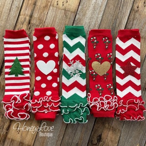 Kerstbeenwarmers, beenwarmers met ruches, rood wit groene polkadot streep chevron snoepgoed, beenwarmers babymeisje, kerstlegging