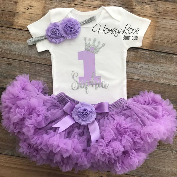 Personalized 1st Birthday outfit one number 1 tiara crown princess silver glitter shirt bodysuit, lavender purple tutu skirt flower headband