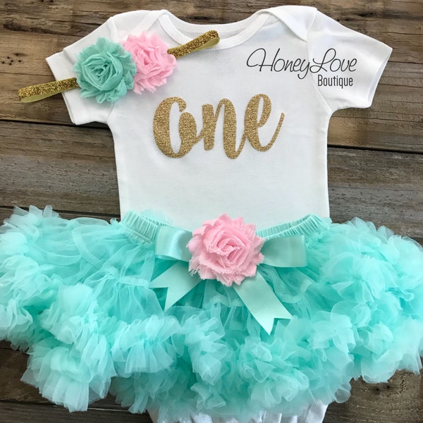 One 1st Birthday party outfit, one number 1 GOLD or SILVER glitter shirt bodysuit, pink mint aqua tutu skirt pettiskirt, flower headband bow
