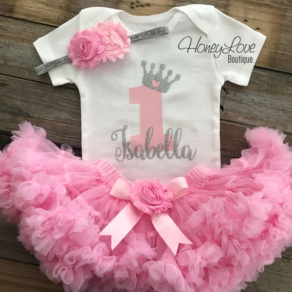 Personalized 1st Birthday outfit one number 1 tiara crown princess silver glitter shirt bodysuit, light pink tutu skirt, flower headband set