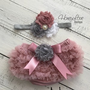SET Vintage Pink, dusty rose ruffle bottom bloomers diaper cover, pearl rhinestone flower headband bow gray white, infant toddler baby girl
