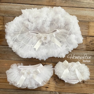 White Baby Girl Tutu Skirt Bloomers, Ruffle Diaper Cover, Pettiskirt, Newborn Baby Shower Gift, Toddler Tutu, Baptism Christening outfit