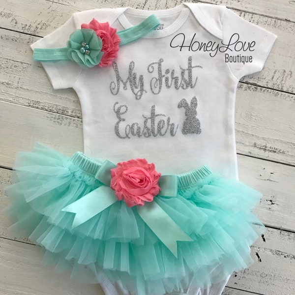 My First Easter outfit set baby girl SILVER or Gold glitter Easter Bunny bodysuit shirt coral pink mint aqua tutu skirt bloomer headband bow