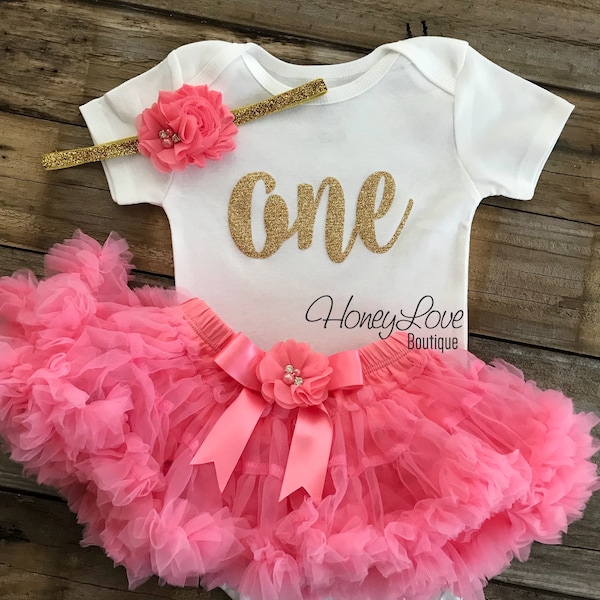 One 1st Birthday party outfit set, gold glitter shirt, coral light pink pettiskirt tutu skirt flower rhinestone pearl headband bow