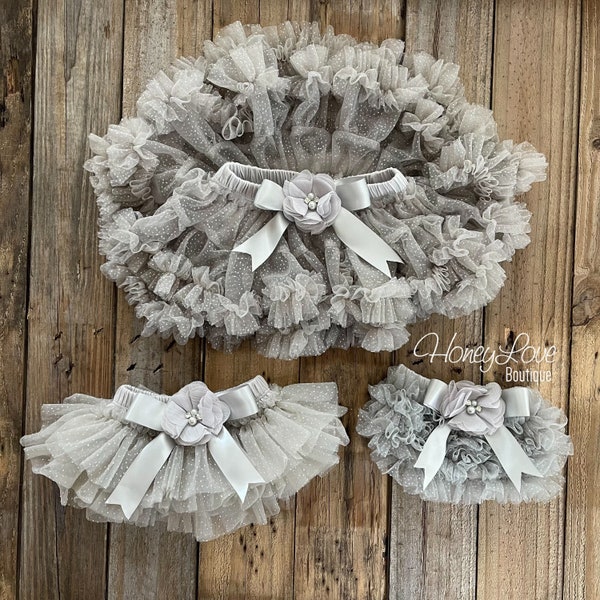 Grey Baby Girl Tutu Skirt Bloomers with Silver Glitter, Ruffle Diaper Cover, Pettiskirt, Newborn Baby Shower Gift, Toddler Tutu, Photo Prop