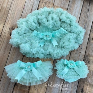 Aqua Mint Blue and Gold Glitter Baby Girl Tutu Skirt Bloomers, Ruffle Diaper Cover, Pettiskirt, Newborn Baby Shower Gift, Toddler Tutu Skirt