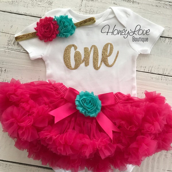 One - SILVER or GOLD glitter shirt, hot pink watermelon pettiskirt tutu skirt, blue flower headband, First Birthday 1st Cake Smash baby girl