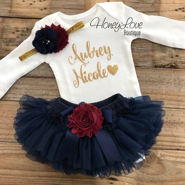 Personalized Baby Girl Clothes, Newborn Girl Coming Home Outfit, Toddler Girl Fall tutu outfit, navy blue burgundy maroon wine gold glitter