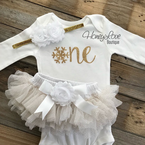 Winter ONEderland 1st Birthday outfit, snowflake one white gold glitter tutu skirt bloomer headband set, first birthday girl, cake smash