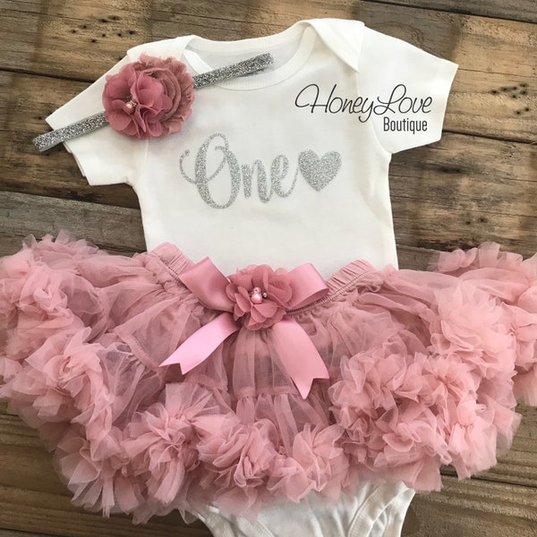 One 1st Birthday outfit, number 1 GOLD or SILVER glitter shirt bodysuit, vintage pink dusty rose mauve tutu skirt, birthday girl party dress