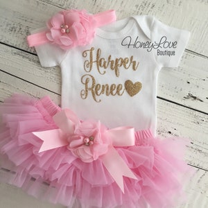 Baby Girl Coming Home Outfit, Personalized Coming Home Outfit Baby Girl, Take Home Outfit, Newborn Baby Clothes, light pink and gold glitter