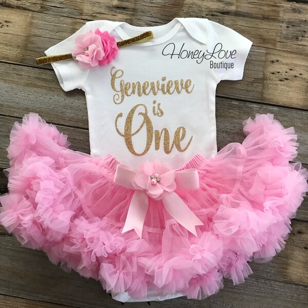 Personalized One, silver gold glitter shirt, light pink ruffle pettiskirt tutu skirt, name number 1 First Birthday, 1st Cake Smash baby girl