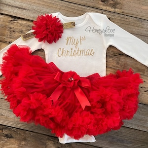 My 1st Christmas Outfit Girl, My First Christmas, Baby&#39;s 1st Christmas, Christmas Tutu Outfit, Red and Gold Glitter, Christmas Photo outfit