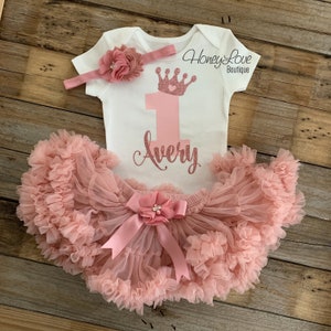 Personalized 1st Birthday outfit, Baby Girl Princess Party Dress, dusty rose gold glitter number 1 tiara crown princess, mauve tutu skirt