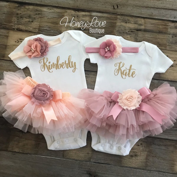 TWIN GIRLS! Peach and Dusty Rose Vintage Pink tutu skirt bloomers diaper cover, flower headband hair bow, newborn infant baby girl photo