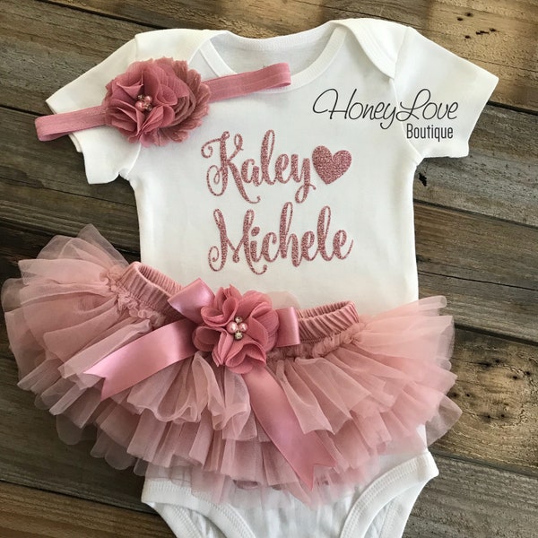 PERSONALIZED SET rose gold glitter bodysuit, dusty rose vintage pink ruffle tutu skirt bloomers, flower headband newborn baby girl outfit