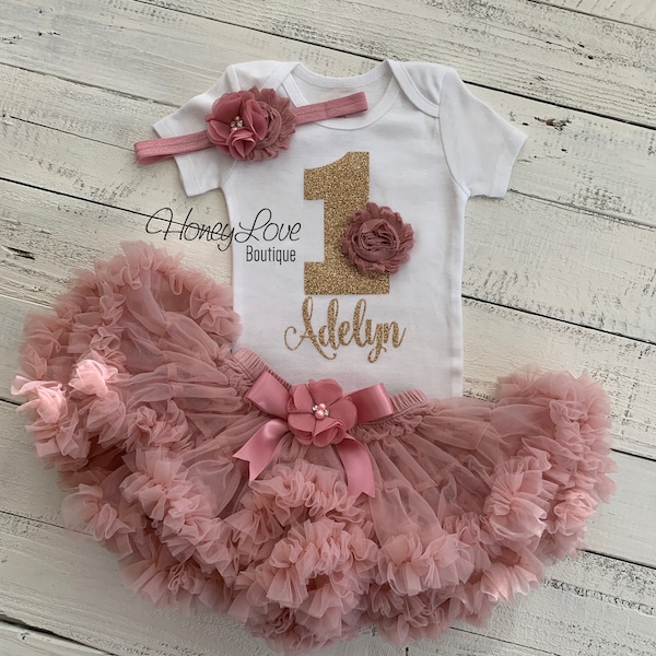 PERSONALIZED 1st Birthday Outfit, vintage pink gold glitter 1 number shirt, pettiskirt tutu skirt, headband bow, First Cake Smash baby girl