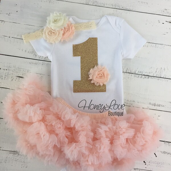 1st Birthday Outfit, peach gold glitter 1 number shirt, pettiskirt tutu skirt, lace shabby flower headband bow, First Cake Smash baby girl