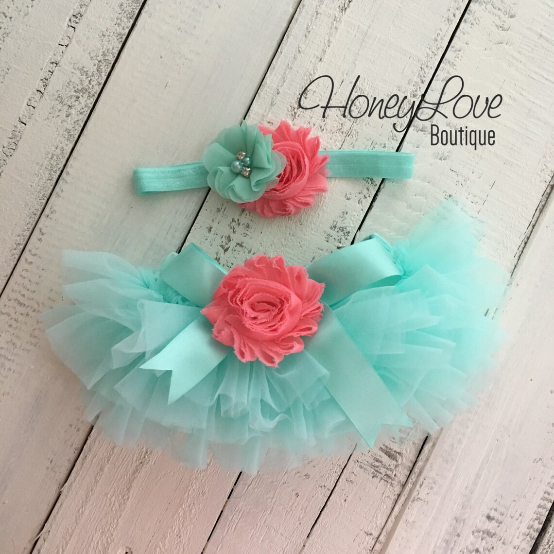 PERSONALIZED Name Outfit - Mint/Aqua and Silver Glitter - Coral flower embellished tutu skirt bloomers main image 1