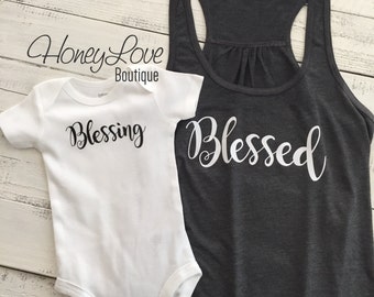 Blessed tank and Blessing bodysuit SET - flowy tank mama mom momma mother mommy and me, mother daughter matching outfit infant toddler baby