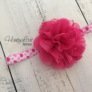 White and Pink Hearts Elastic Headband hair bow, Pink Lace Chiffon Layered Flower, baby newborn infant toddler little girl Valentine&#39;s Day