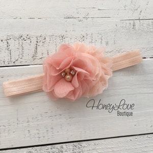 Peach shabby chiffon flower rhinestone pearl headband bow, elastic head band pearls newborn infant toddler little baby girl