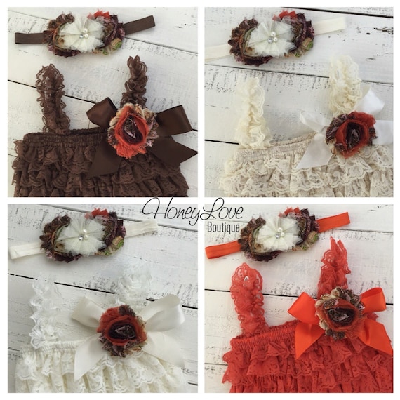 Fall Outfit - Lace Petti Romper - Orange Ivory Brown Champagne - matching headband rhinestone pearl - newborn, infant, toddler, baby girl